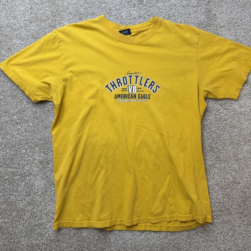 Y2K American Eagle Outfitters Shirt Mens Medium Yellow Throttlers V8 Graphic Tee